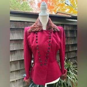 Vintage Natalie Green 1950s peplum jacket wool burgundy fur trim sz S/M. Lined